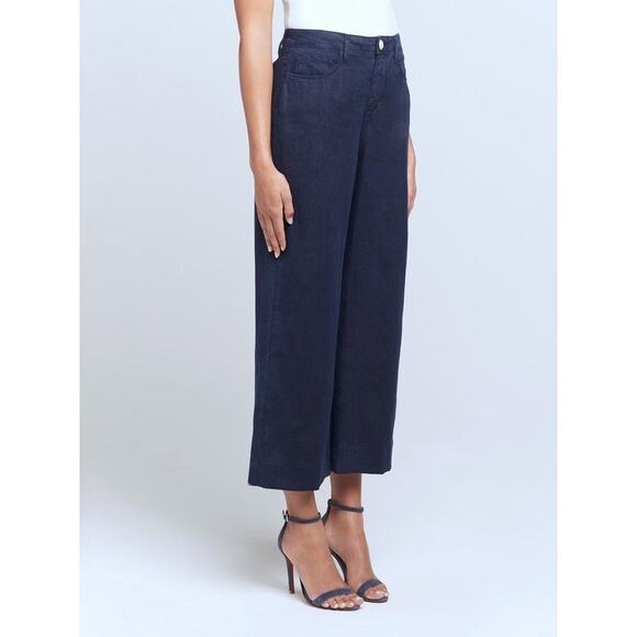 L'Agence High Rise Wide Leg Linen Pants Womens 32 Navy Blue Casual Summer Danica